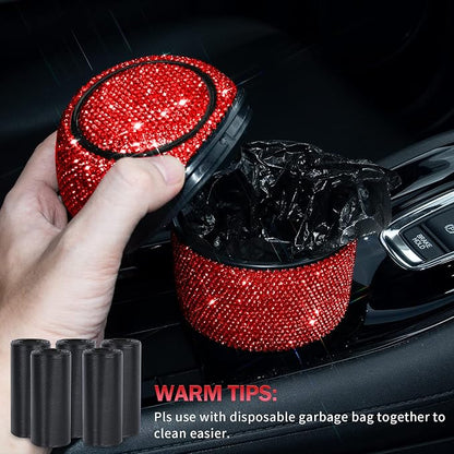 eing Car Trash Can Bling Crystal Auto Mini Trash Bin for Car Office Home Women,Car Cup Holder Garbage Can with Lid and 5 Pack Disposable Garbage Gag, Red