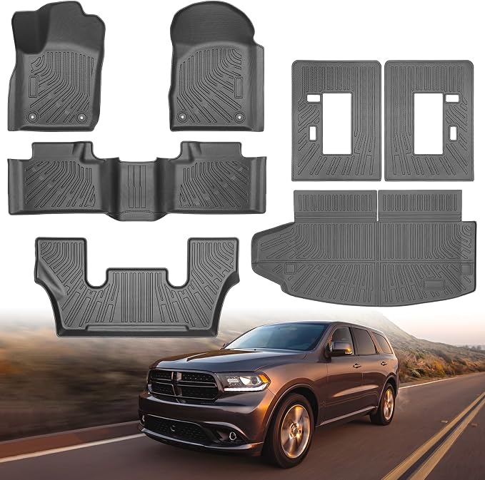 Floor Mats & Cargo Liner for 2011-2015 Dodge Durango 6 Seats, All Weather TPE Floor Liners Custom Fit Durango Heavy Duty Car Mats 1st & 2nd & 3rd Row & Trunk Mat Accessories Odorless Anti Slip Black