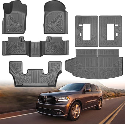 Floor Mats & Cargo Liner for 2011-2015 Dodge Durango 6 Seats, All Weather TPE Floor Liners Custom Fit Durango Heavy Duty Car Mats 1st & 2nd & 3rd Row & Trunk Mat Accessories Odorless Anti Slip Black