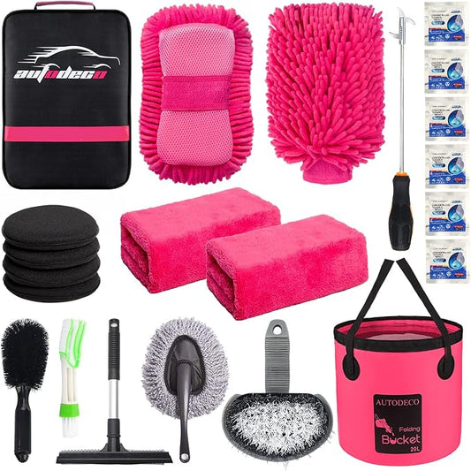 22Pcs Car Wash Cleaning Tools Kit Car Detailing Set with Canvas Bag Pink Collapsible Bucket Wash Mitt Sponge Towels Tire Brush Window Scraper Duster Complete Interior Car Care Kit