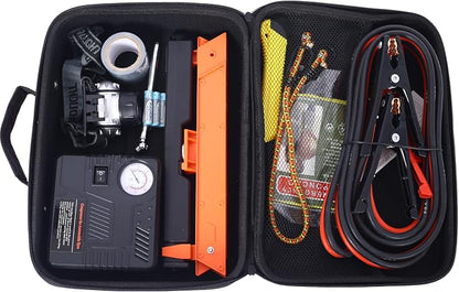 Auto Safety Emergency Kit with Portable Air Compressor - Comprehensive Roadside Assistance Tools, 7LED Headlight, Reflective Warning Triangle, First Aid Kit and More - Essential for Cars and Trucks