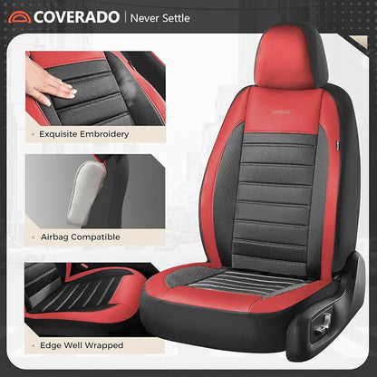 Coverado Car Seat Covers Front Seats, Luxury Leather Car Seat Covers, Automotive Mesh Seat Covers 2 Pack, Airbag-Compatible, Black Red Seat Covers for SUV Sedan Truck