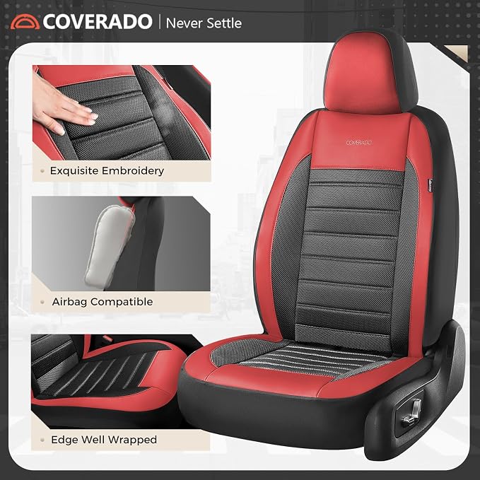 Coverado Car Seat Covers Full Set, Luxury Leather Car Seat Covers, Automotive Front and Rear Mesh Seat Covers, Full Set 5 Seats, Black Red Seat Covers for SUV Sedan Truck