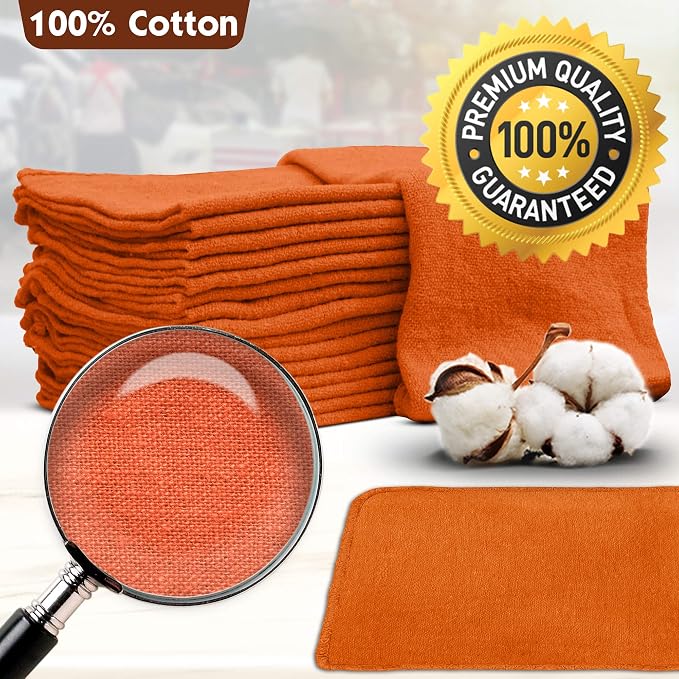 Nabob Wipers Auto Mechanic Shop Towels 25 Pack Bulk Shop Rags 100% Cotton Size 14"x14" Commercial Grade (25 Pack, Orange)
