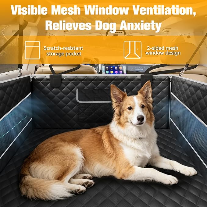 PETICON Dog Car Seat for Large/Medium Dogs, One-Piece Hard Bottom Back Seat Extender with 2 Mesh Windows, Waterproof Pet Carseat with Storage Pocket, Dog Hammock for Cars, SUVs and Trucks