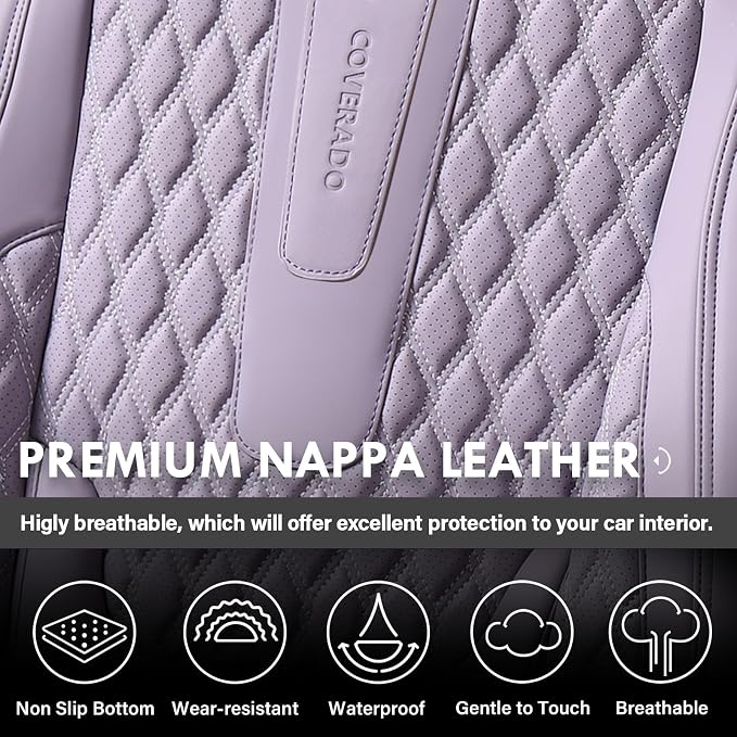 Coverado Seat Covers Full Set, Purple Car Seat Covers, Waterproof Car Seat Cover with Lumbar Support, Leather Car Seat Cushion Protector, Car Seat Covers Universal Fit Most Cars