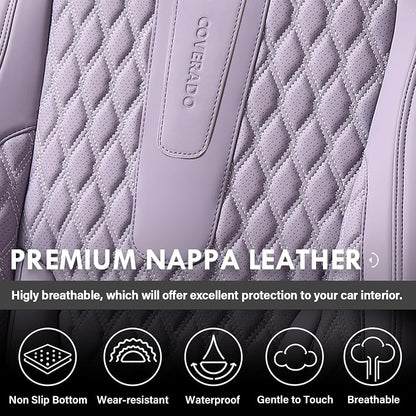 Coverado Seat Covers Full Set, Purple Car Seat Covers, Waterproof Car Seat Cover with Lumbar Support, Leather Car Seat Cushion Protector, Car Seat Covers Universal Fit Most Cars