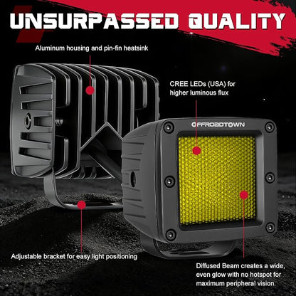 Amber LED Cubes, OFFROADTOWN 3inch 120W CREE LED Pods Yellow Camper Chase Lights Waterproof Backup Reverse Scene Lights for Truck Pickup RV UTV ATV SUV Boat 4x4 Car - Diffusion Beam