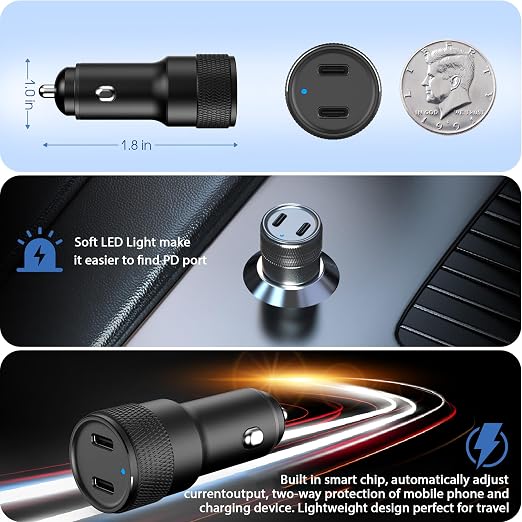 USB C Car Charger, 2Pack 60W Dual USB C Adapter Fast Charging Power Delivery Adapter Fast Type C Car Charger Plug Compatible with iPhone 17/17 Pro/17 Pro Max/16 Plus/15 Pro/Galaxy S26/S25/Pixel(Black)