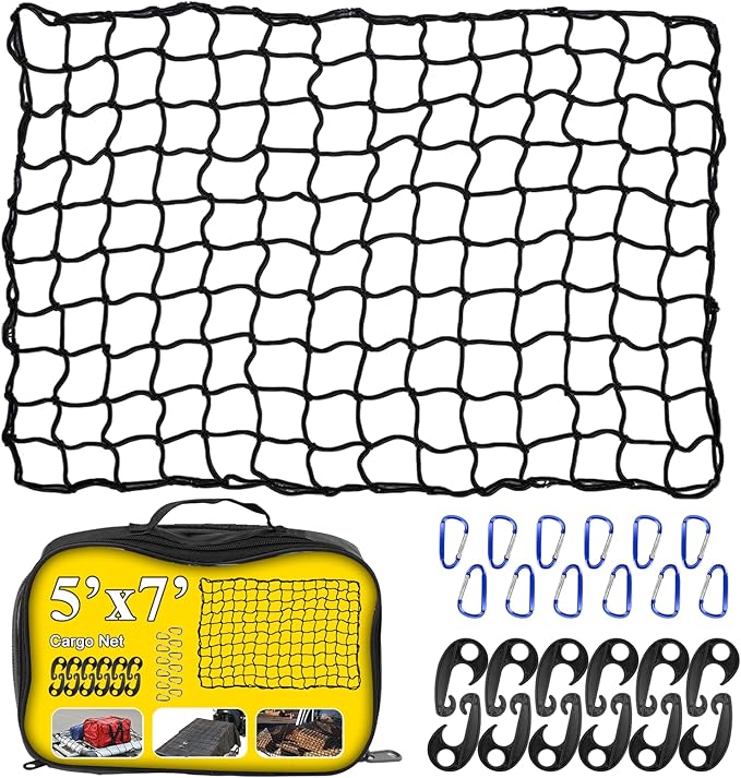 5’x7’ Truck Cargo Net Expands to 9' x 12' with 4"x4" Mesh Grid Super Duty Bungee Heavy Duty Bed Netting for Truck Bed Stretches with 12 Adjustable Metal Carabiners by Cenipar