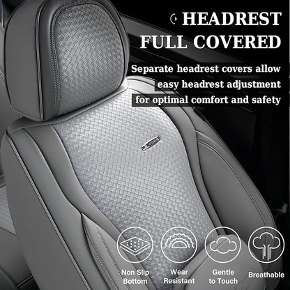 Coverado Car Seat Covers Full Set, Gray Seat Covers for Cars, Waterproof Nappa Leather Automotive Seat Covers with Lumbar Head Pillow, Car Seat Protectors, Universal Fit for Most Cars SUV