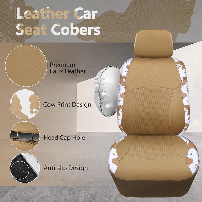 CAR PASS Cow Print Faux Leather Car Seat Covers & Cow Car Mats & Cow Steering Wheel Cover Seat Belt Pads Universal fit for SUV,Van,Saden,Truck Cute Car Accessories Automobile Interior Sets All Beige