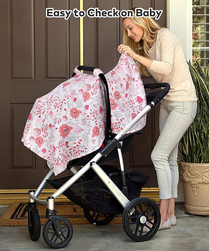 Rquite Infant Car Seat Cover for Babies Girls, Muslin Cotton Carseat Canopy, Breathable Stroller Sun Shade, Baby Shower Gift & Newborn Essentials, Universal Fit Summer & Hot Weather (Pink Flowers)