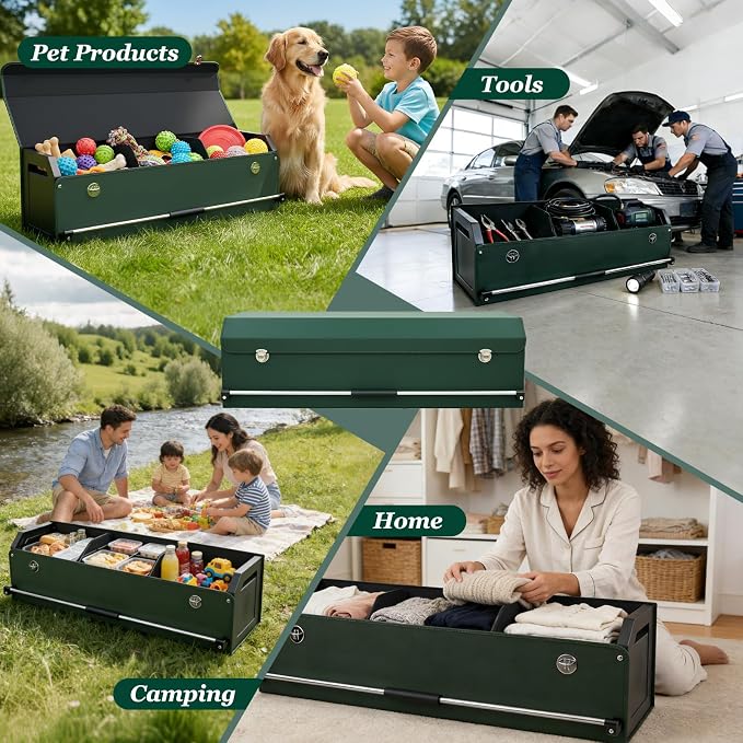 Car Trunk Organizer, Leather Car Trunk Storage Organizer with Lid and Sturdy Handle Car Organizer Storage Box Suv Trunk Organizer (Green, 40.5 x 11.4 x 12.2in)