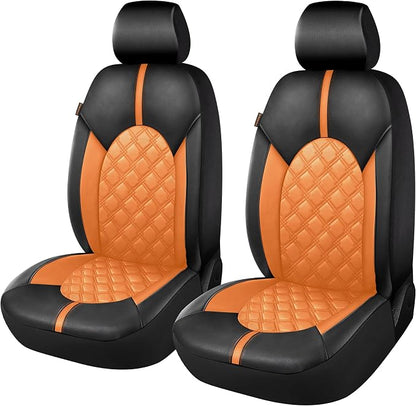 CAROMOP Luxury PU Leather Car Seat Covers Front Set, Anti-Stain Waterproof Automotive Seat Covers for Cars, Universal Car Interior Covers Seat Protectors for SUVs Pick-up Trucks(Orange Brown)