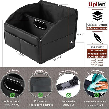 Car Storage Organizer [2025 UPDATED] Leather Car Caddy Basket for Front Seat Floor Back Seats Metal Handle 6 Compartments Adjustable Strap Buckles Slip-Resistant (Black)