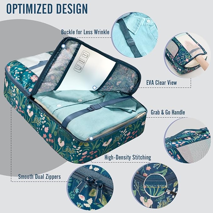 Veken 8 Set Packing Cubes for Travel Essentials,Anti-Wrinkle Buckled Suitcase Organizer for Shoe & Toiletry Bag,Carry On Luggage Bag with 99+ Count Mesh Holes for Airplane & College Dorm Accessories