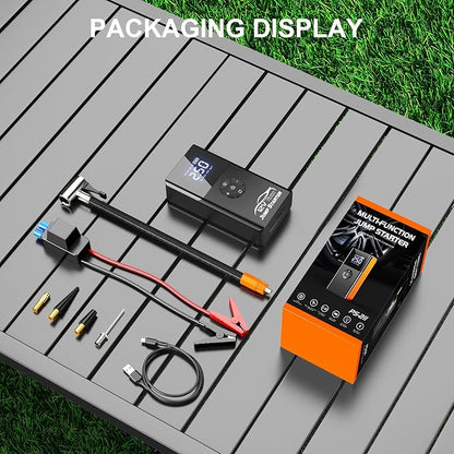 Jump Starter with Air Compressor, 8000A 180PSI, Portable Car Battery Jump Starter (All Gas/12L Diesel) 12V Automobile Jump Box Pack Chargers with Jumper Cables, 4-Mode LED Lights