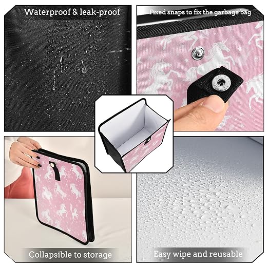 Car Trash Can Organizer Bin with Adjustable Strap for Back Front Seat Console Waterproof Leakproof Collapsible Portable 8.66 Inch Pink Unicorns Silhouette and Stars