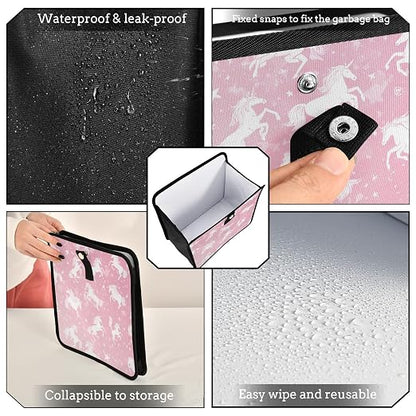 Car Trash Can Organizer Bin with Adjustable Strap for Back Front Seat Console Waterproof Leakproof Collapsible Portable 11 Inch Pink Unicorns Silhouette and Stars