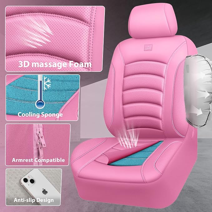 CAR PASS 3D Foam PU Leather Car Seat Covers, Universal Seat Covers Full Sets for Trucks SUV Sedan Automotive Seat Covers Armrest Airbag Compatible Waterproof Comfortable Faux Nappa Leather All Pink