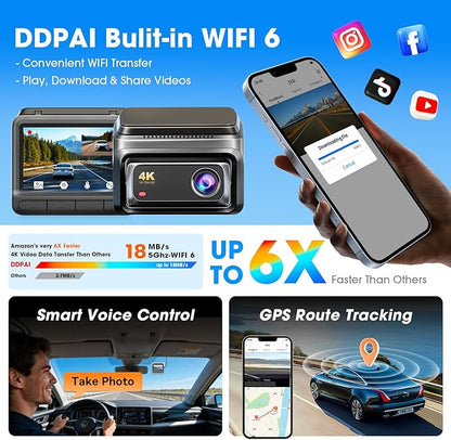 DDPAI 4K Dash Cam Front and Rear,Built-in 32G eMMC Dual Dash Car Camera,64GB Card Included Dashcam,Night Vision Dash Camera,5GHz WiFi,7 Days Parking Mode,GPS,3" IPS,ADAS,WDR,Support 512GB,Z60