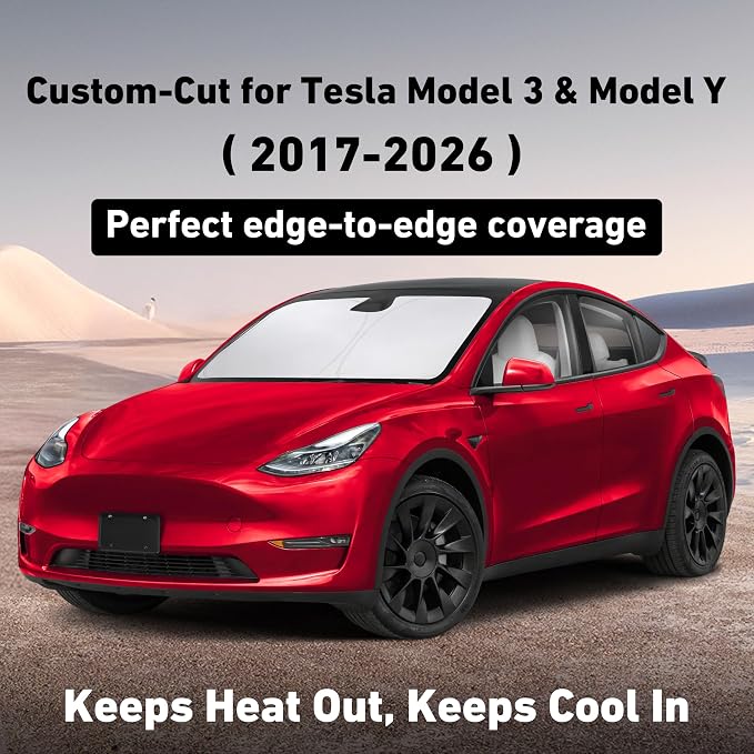 EcoNour Windshield Sun Shade Compatible for Tesla Model 3 & Model Y Juniper 2017-2024 2025 2026, Sun Visor for EV Front Window Sunshade, Foldable Heat & UV Protector, Car Accessories