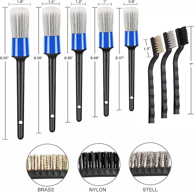 HMPLL 10pcs Car Detailing Kit, Premium Detailing Brush Set Includes 5 Soft Car Detailing Brushes, 3 Wire Brush, 2 Air Vent Brush for Cleaning Car Interior and Exterior Detailing, Blue