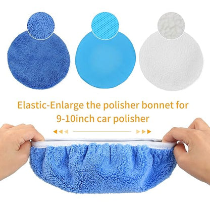 10PCS 9-10 inch Polisher Pad Bonnet Orbital Car Buffing Polishing Pad Cover - 5PCS Microfiber, 3PCS Wax Buffer, 2PCS Woolen Fleece Polishing Bonnet