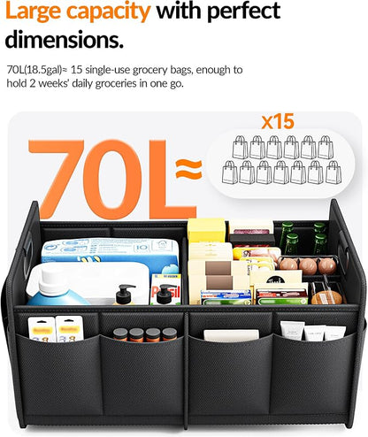 Homeve Car Trunk Organizer for SUV, 18.5Gal Large Capacity No-Sag Heavy Duty, Foldable Waterproof Anti-Slip Storage with 12 Pockets, Fit Sedan,Truck, Universal Car Accessories, Black, Large, 2 Compart