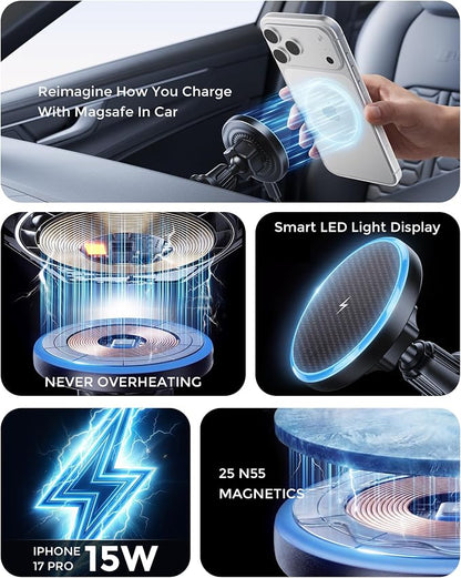 2-in-1 15W Magsafe Car Mount Charger, Magnetic Wireless Car Charger, 360° Dashboard & Air Vent Phone Mount, Phone Holders for Your Car, Car Accessories for Men Women for iPhone 17-12