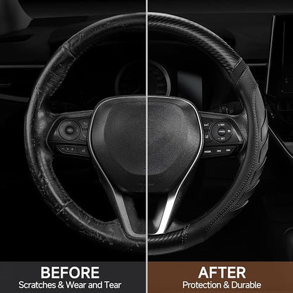 West Llama Carbon Fiber Leather Steering Wheel Cover with Anti-Slip Grip, 3D Textured Design, 14.5-15 Inch Car Steering Wheel Cover, Durable Interior Accessory（Standard Size-Black