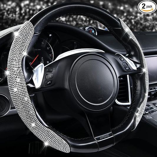 CAR PASS Bling Diamond Segmented Steering Wheel Cover with Crystal Rhinestones, 2PCS Wheel Protector Non-Slip Cute Car Accessories Universal Fit D-Shape O-Shape 14.5" to 16" for Women, Silver Diamond