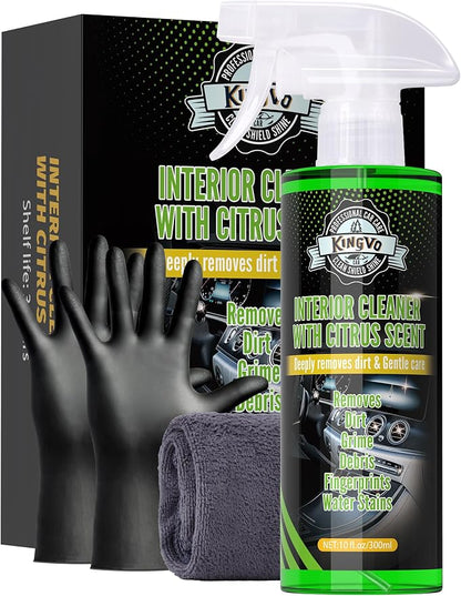Kingvo Car Interior Cleaner Spray, Multipurpose Leather Seat Cleaner Upholstery Car Cleaning Kit with Citrus Flavor Auto Dashboard Vinyl Detailing Supplies Kit,10 OZ