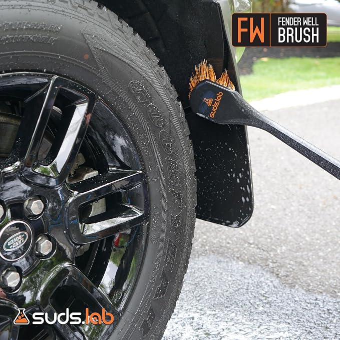 Suds Lab FW Fender Well Brush, Car Wash Brush, Long Handle Tire Cleaner for Car Detailing, 18 Inch, Soft Bristles, Non-Slip Grip, Black