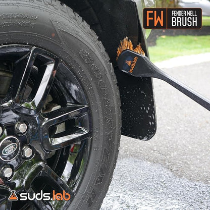 Suds Lab FW Fender Well Brush, Car Wash Brush, Long Handle Tire Cleaner for Car Detailing, 18 Inch, Soft Bristles, Non-Slip Grip, Black
