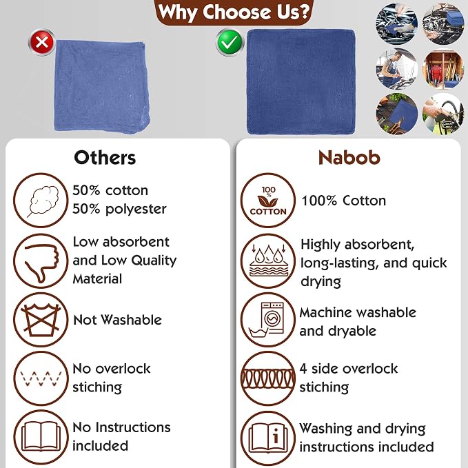 Nabob Wipers Auto Mechanic Shop Towels 100 Pack Bulk Rags 100% Cotton Commercial Grade Shop Rags Size 14"x14" (100 Pack, Blue)