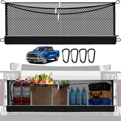 3-Layer Cargo Net for Dodge RAM1500 2019-2026, Zoned Storage Truck Bed Net with Foldable Zippered Bottom Bag, Heavy-Duty Cargo Organizer Netting for Camping, Trips & Everyday Use