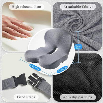 Car Seat Cushion, Memory Foam Driving Cushion with Adjustable Strap, Ergonomic Pad for Car & Semi Truck, Office Chair Cushion for Sciatica & Lower Back Pain Relief, Light Gray