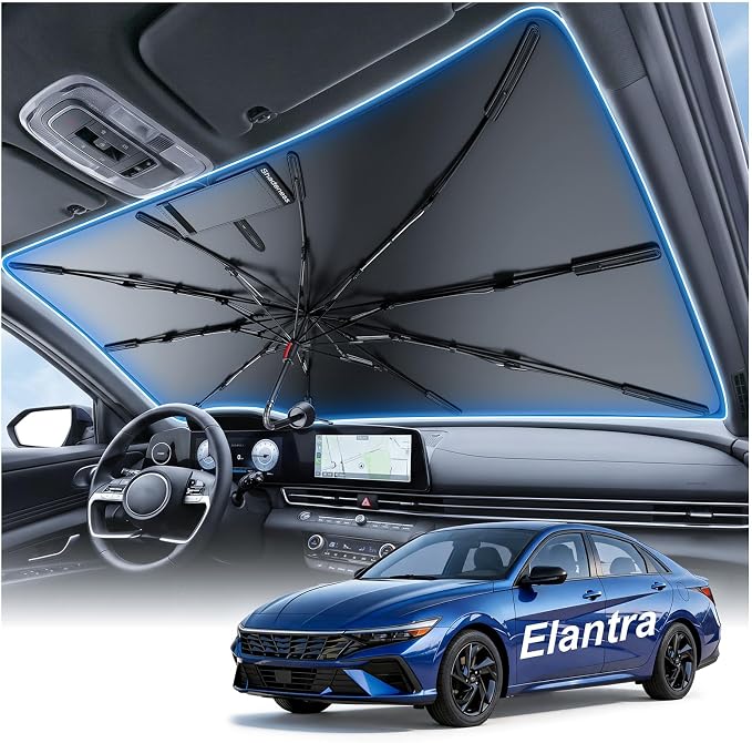 2026 Upgraded Windshield Sun Shade Umbrella for Hyundai Elantra [Precision Custom Fit, Superior UV & Heat Block] Cooling Tech Fabric, Durable Foldable with Storage Bag, Fits 2000-2025