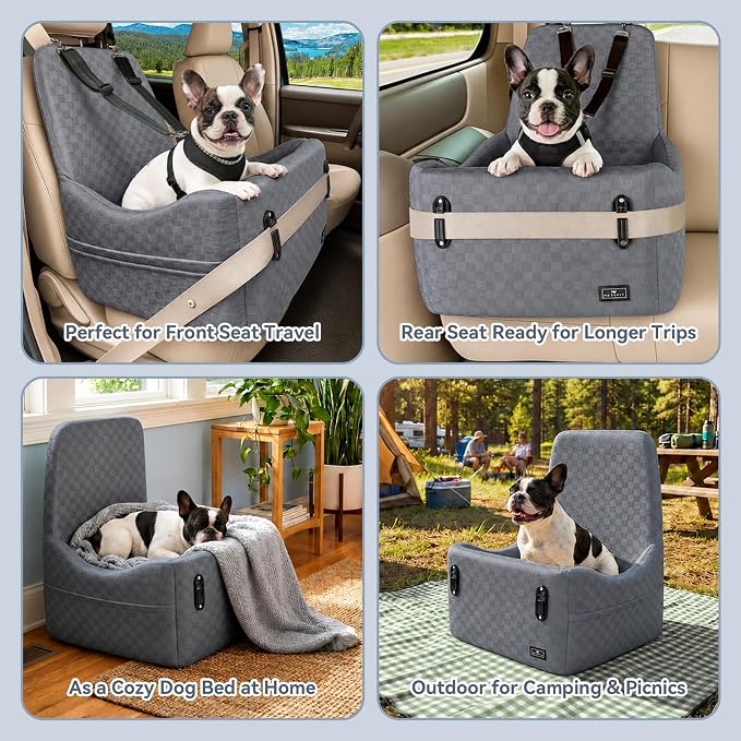 PETSFIT Dog Car Seat for Small/Medium Dogs Up to 35 lbs – Patented Safety System, 5" Memory Foam Pet Booster Car Seat, Fully Detachable and Washable Dog Carseat with 2 Storage Pockets (Grey)