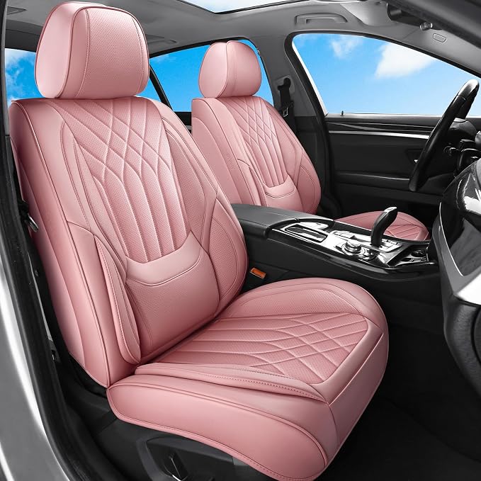 Pink Leather Car Seat Covers Front Seats, Luxury Automotive Seat Covers with Lumbar Support, Waterproof Pink Car Accessories Seat Protector Universal Fit for Most Cars Trucks Pick-ups SUVs