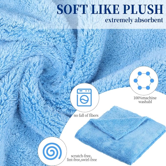 Tallew 16 Pcs 15 Pcs Car Microfiber Towels Buffing Drying Wash Cleaning Cloths Plush Large Towels Thick Care Polishing Detailing Waxing Scratch Proof Towel, 15.75 x 15.75 Inch (Light Blue)