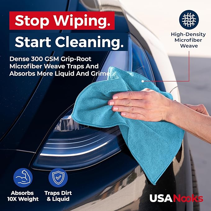 USANOOKS Premium 300GSM Microfiber Cleaning Cloth - 12.5"x12.5" High Performance - 1200 Washes, Ultra Absorbent Microfiber Towels for Cars Undercarriage, Rims & Engine Bay Cleaning - Microfiber Cloth