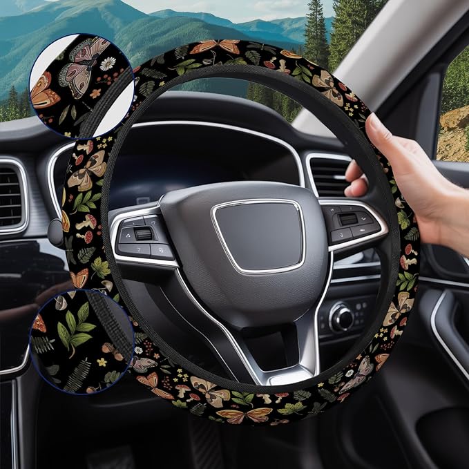 GENANY Green Moth Steering Wheel Cover, Non Slip Polyester Car Wheel Protector for Car SUV Truck, Universal 15 Inch