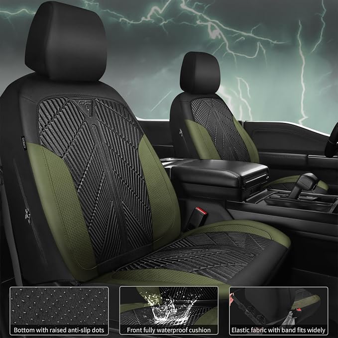 CAR PASS Waterproof Car Seat Covers Front Seats Covers Neoprene Wetsuit, All-Weather Non-Slip Durable,Universal Fit for SUV Sedans Trucks Vans Automotive,Armrest Airbag Compatible,Emboss 2 Black Green