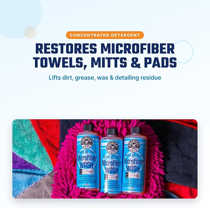 Chemical Guys Microfiber Wash Detergent, Concentrated, Fresh Citrus, 64 oz | Microfiber-safe concentrate for towels, mitts, and pads; lifts dirt, grease, and wax, restores softness, no softener needed