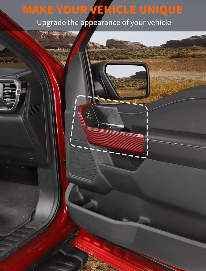Savadicar Red Carbon Fiber Interior Accessories - Front Door Handles Trim Cover for Ford F150 (2021-present) - Premium Texture Interior Decor Upgrade Kit, 2-Piece Set