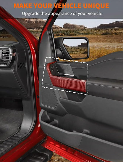 Savadicar Red Carbon Fiber Interior Accessories - Front Door Handles Trim Cover for Ford F150 (2021-present) - Premium Texture Interior Decor Upgrade Kit, 2-Piece Set