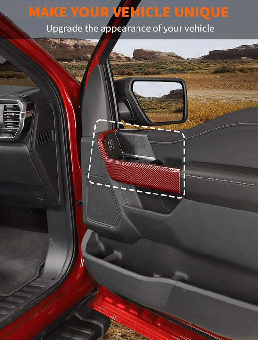 Savadicar Red Carbon Fiber Interior Accessories - Front Door Handles Trim Cover for Ford F150 (2021-present) - Premium Texture Interior Decor Upgrade Kit, 2-Piece Set